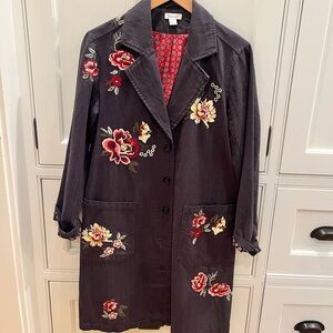 Sundance Black Floral Embroidered Trench Coat